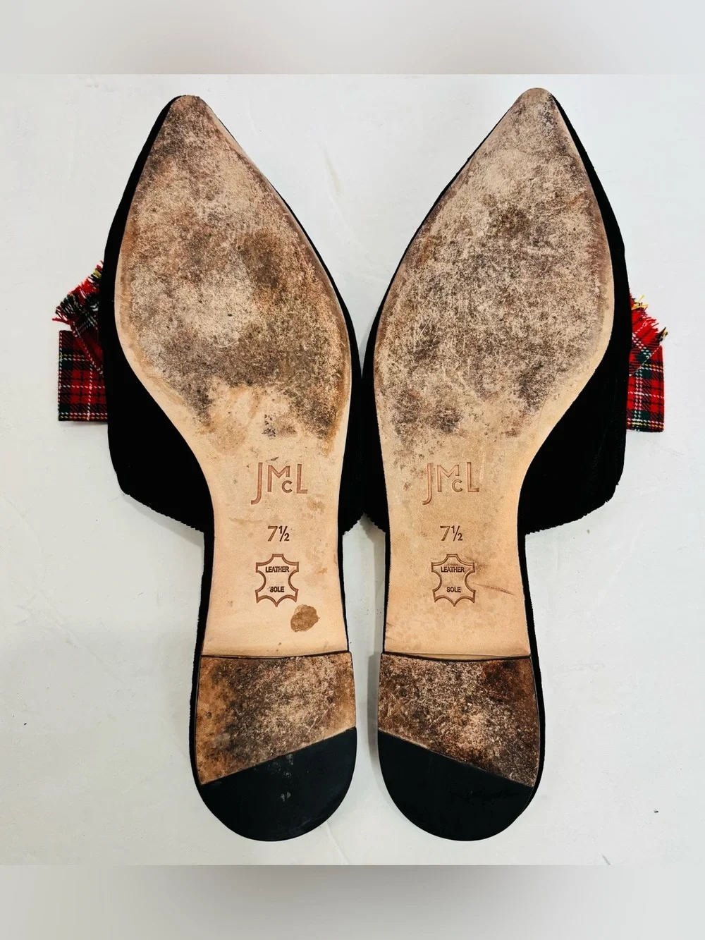 J Mclaughlin Lyon Flats Tartan Red Bow Pointed Toe Black Velvet Slide On Loafers